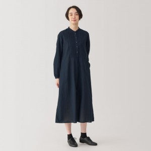 Muji Cotton Voile Long Sleeve Kleid Damen Navy | PO1J7J61E