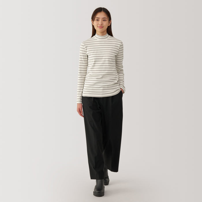 Muji Brushed Ribbed High Neck Long Sleeve Striped T-shirts Damen Weiß | RJ3X3R64J
