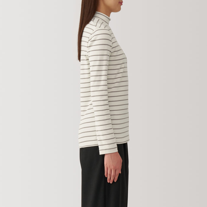 Muji Brushed Ribbed High Neck Long Sleeve Striped T-shirts Damen Weiß | RJ3X3R64J