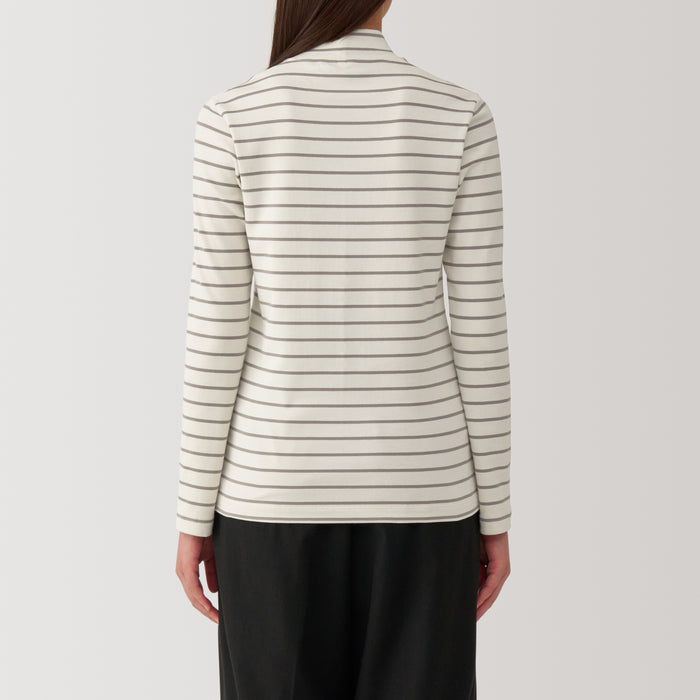 Muji Brushed Ribbed High Neck Long Sleeve Striped T-shirts Damen Weiß | RJ3X3R64J