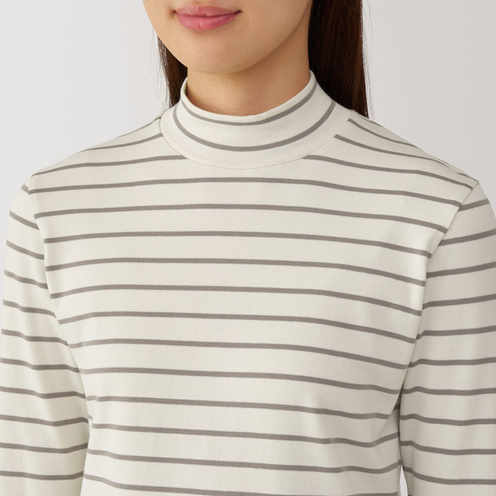 Muji Brushed Ribbed High Neck Long Sleeve Striped T-shirts Damen Weiß | RJ3X3R64J