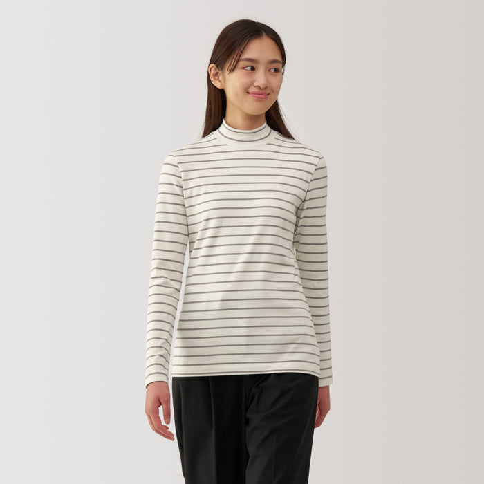 Muji Brushed Ribbed High Neck Long Sleeve Striped T-shirts Damen Weiß | RJ3X3R64J