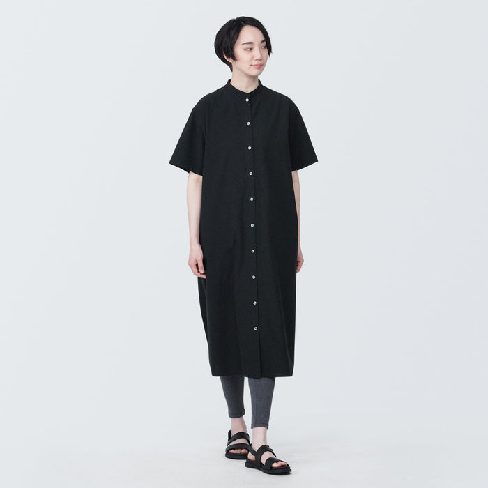 Muji Cool Touch Broadcloth Stand Collar Short Sleeve Kleid Damen Schwarz | GW5L8A27A