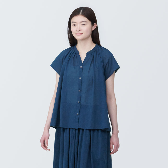 Muji High-Twist Veil French Sleeve Bluse Damen Blau | AS4X0F82J
