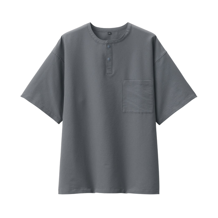 Muji Seersucker Henley Neck Woven Short Sleeve T-shirts Herren Grau | EW7K3W58L