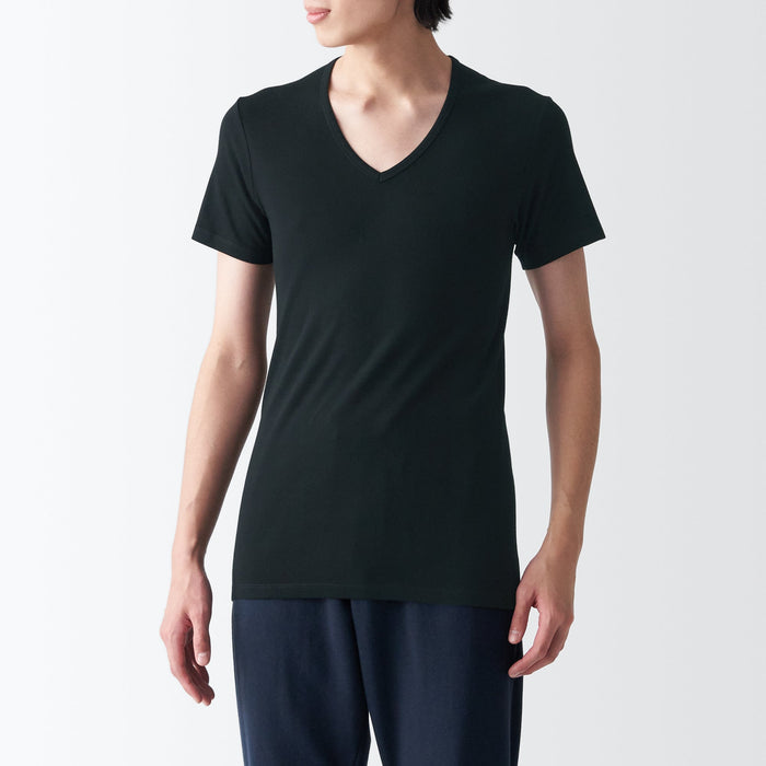Muji Side Seamless Ribbed V Neck Short Sleeve T-shirts Herren Schwarz | XA8F1J99P