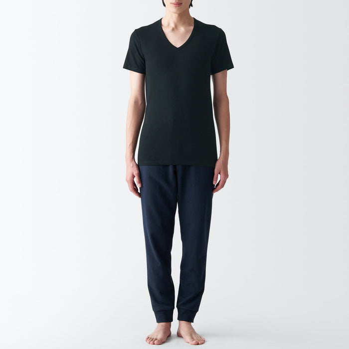 Muji Side Seamless Ribbed V Neck Short Sleeve T-shirts Herren Schwarz | XA8F1J99P